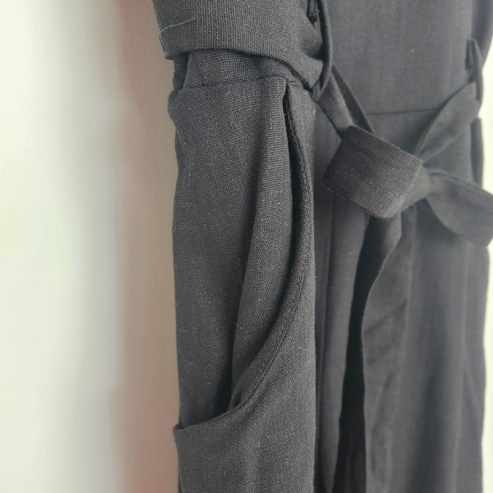 Monteau Black Linen Rayon Blend Tie-Waist V-Cutout Back Cropped Jumpsuit Size L - Picture 4 of 11